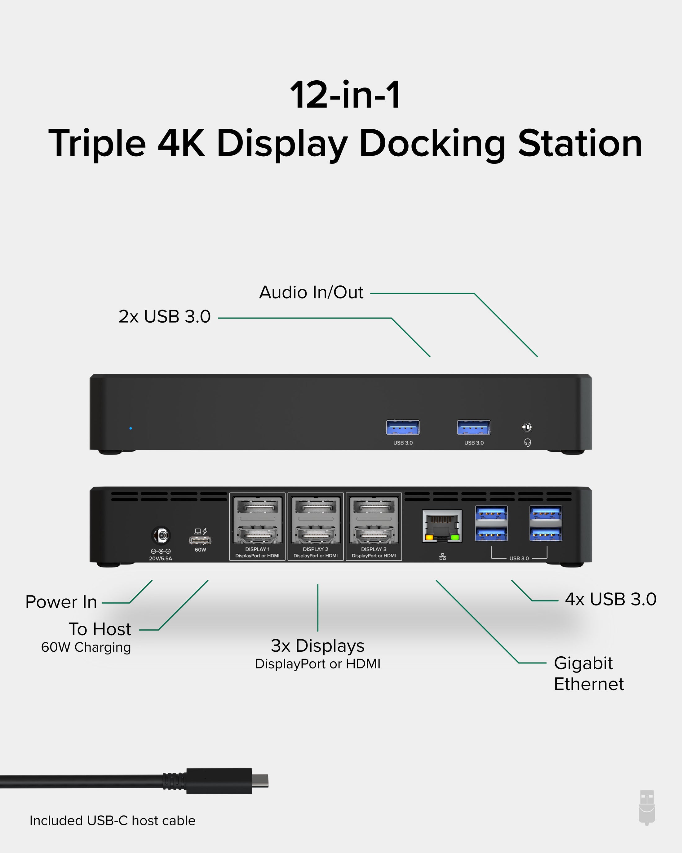 Plugable USB-C Docking Station, 4K Triple Monitors, 60W Laptop Charging (Prior Version)