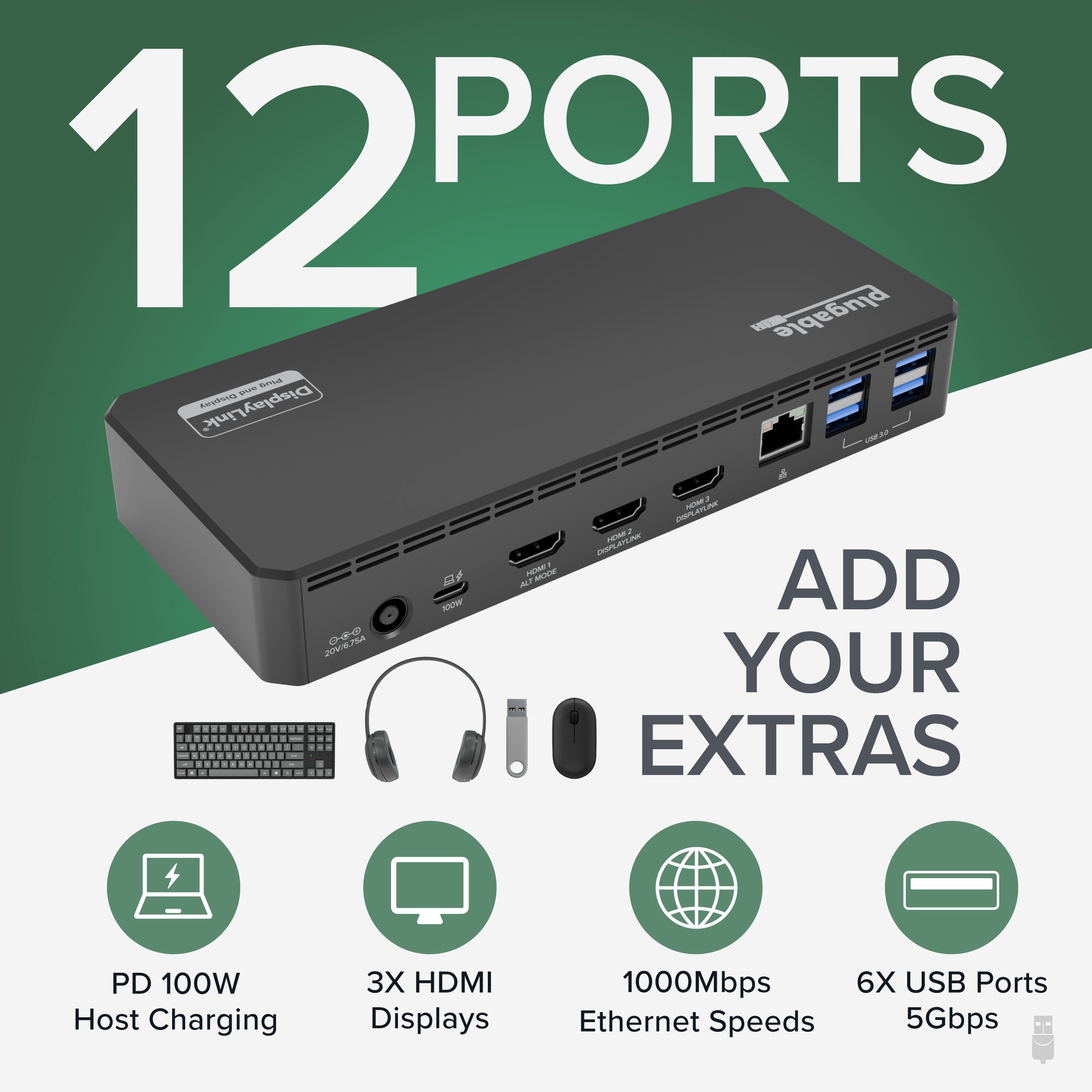 Plugable USB-C Triple Monitor Docking Station, 100W Laptop Charging (B-Stock)