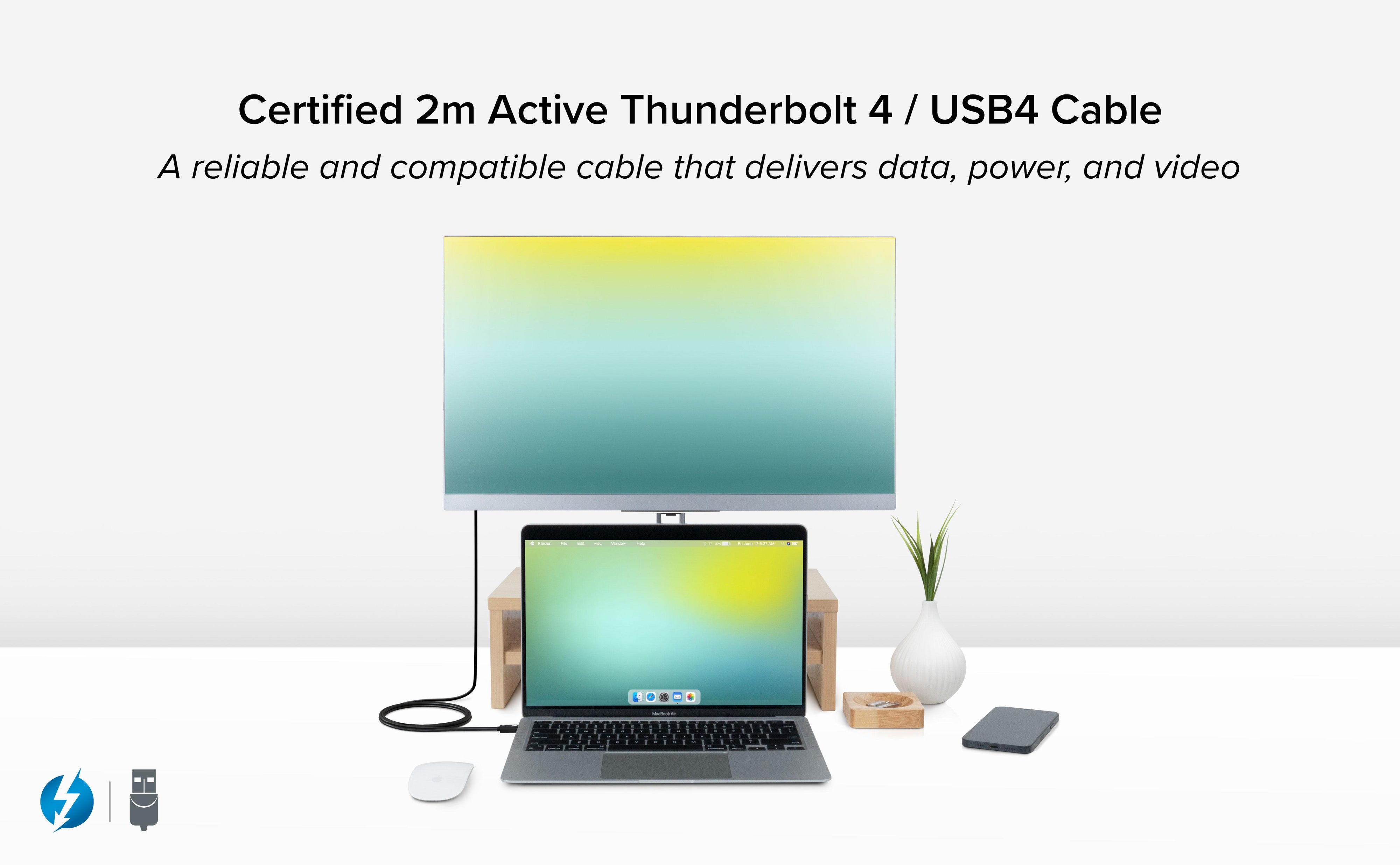 Image of the Plugable Thunderbolt 4 cable being used to connect a laptop to a monitor