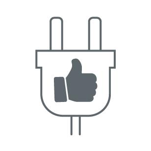 A picture of a plug with a hand inside giving a thumbs up indicating the adapter is ready for plug and play use.
