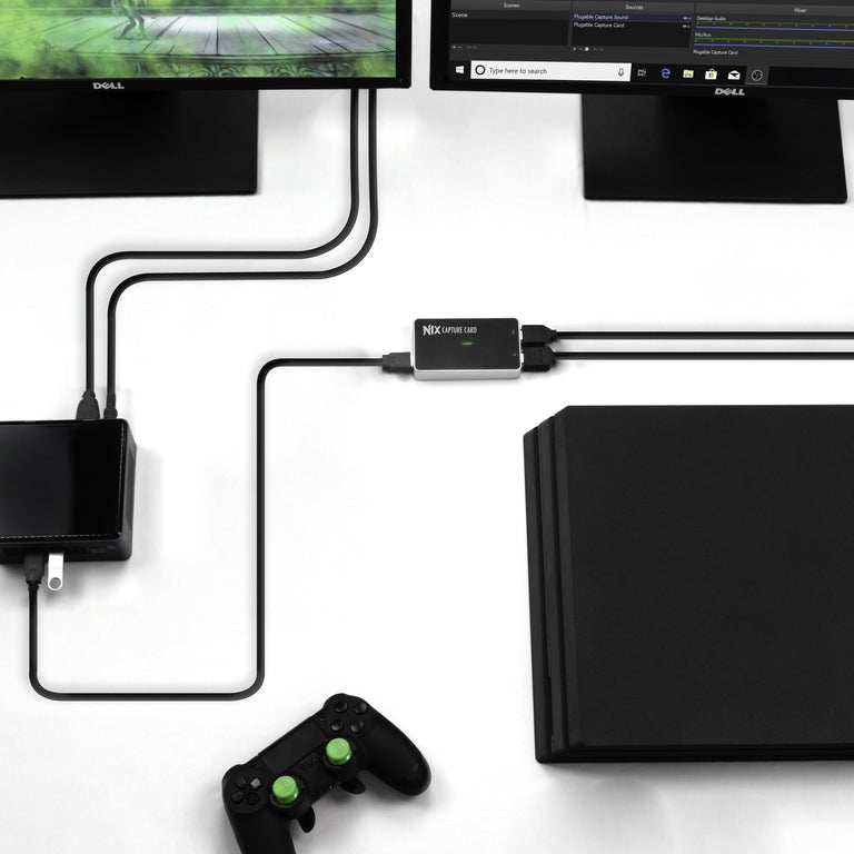 Plugable USBC-CAP60 connecting monitors, host computer, and gaming console.