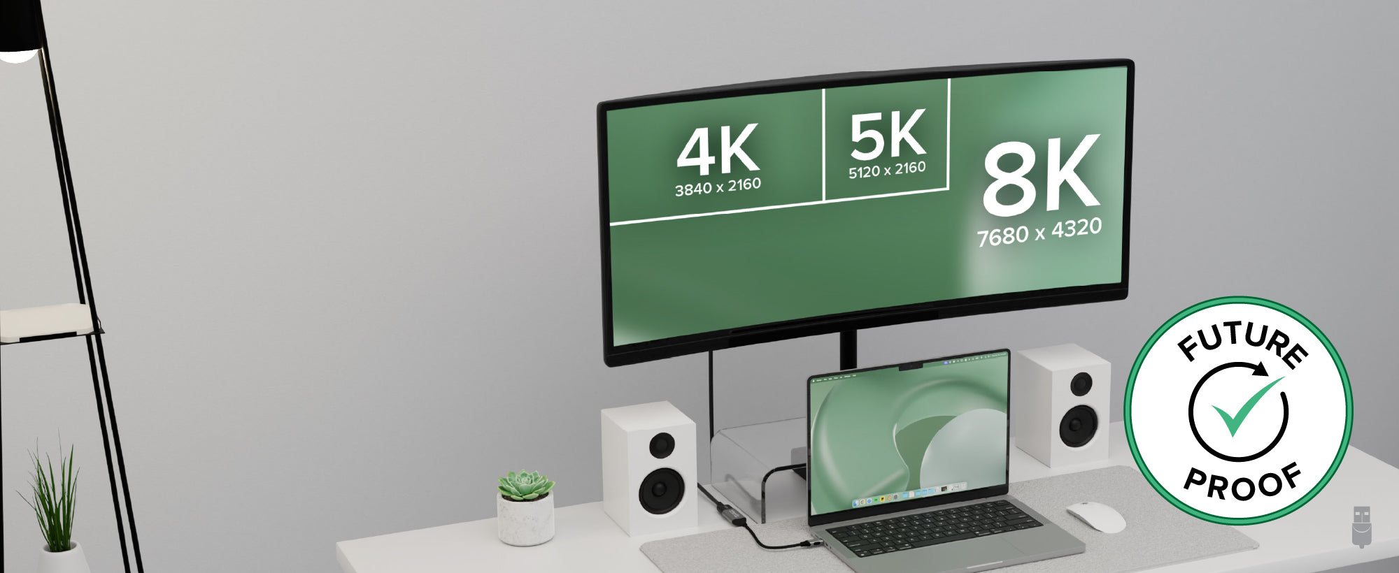 Plugable USBC-HDMI8K Video Adapter connected to an ultrawide monitor, showing various aspect ratios and resolutions. 4K (3840x2160), 5K(5120x2160), and 8K (7680x4320). Note: Future Proof