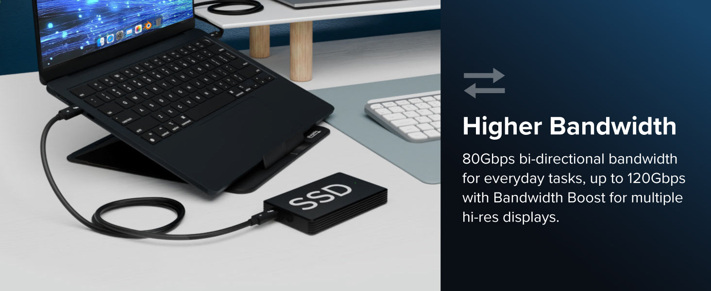 Higher Bandwidth - 80Gbps bi-directional bandwidth for everyday tasks, up to 120Gbps with Bandwidth Boost for multiple hi-res displays.