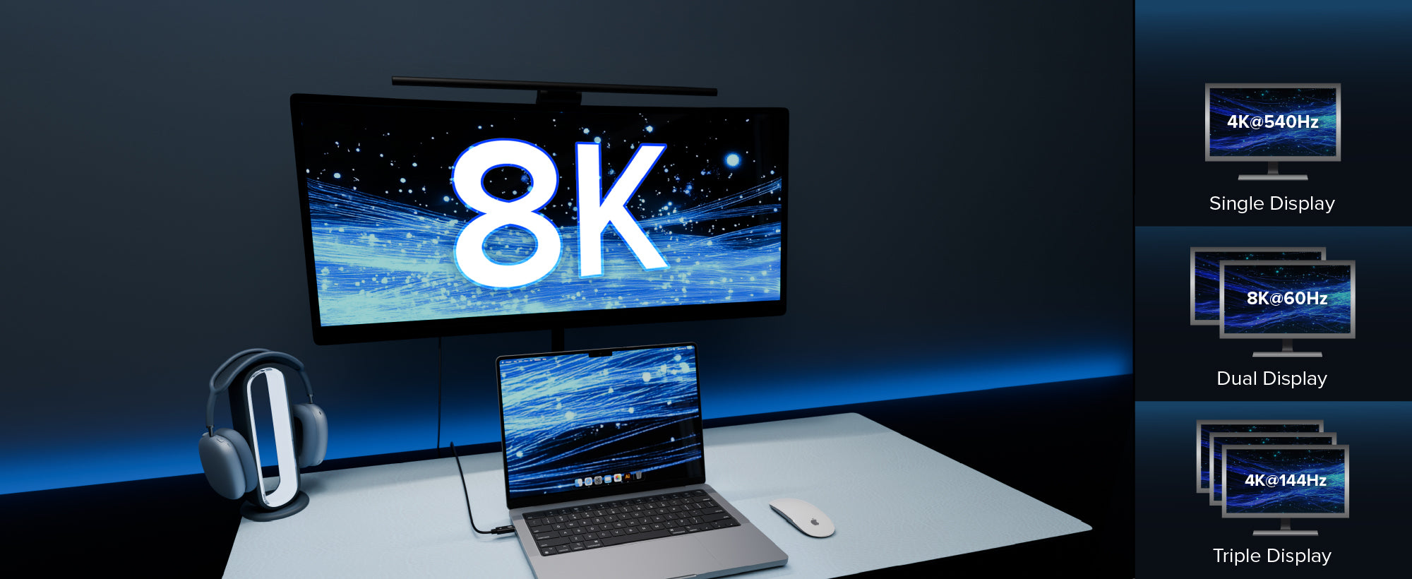 Image of an 8K monitor connected to a laptop using the Thunderbolt 5 cable