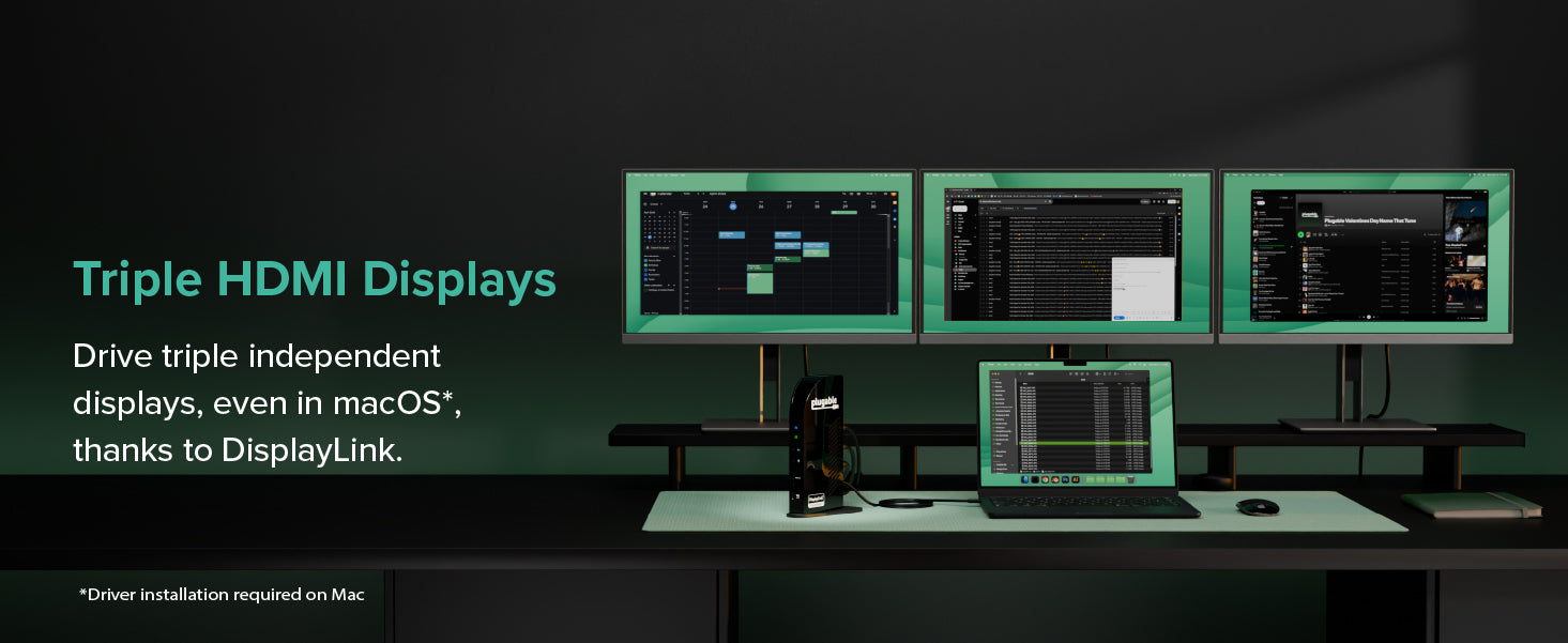 Triple HDMI displays with dock and laptop; text reads Triple HDMI Displays and DisplayLink