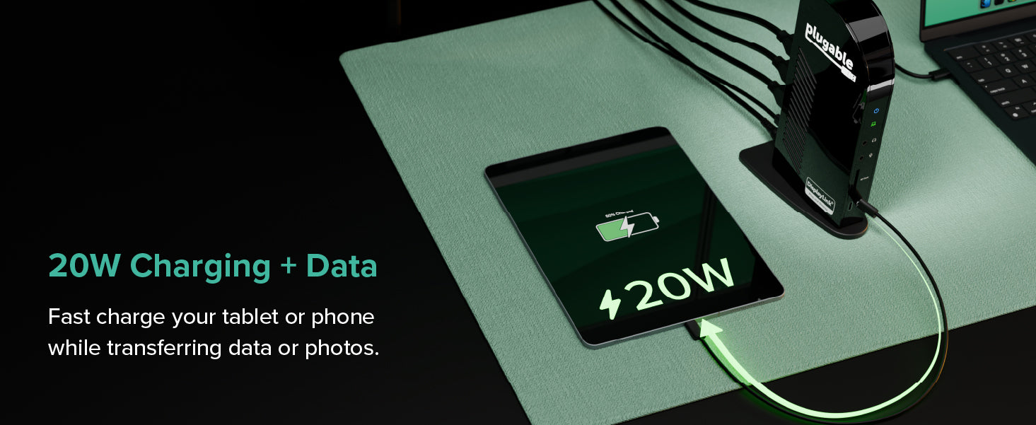 Tablet connected to dock for 20W charging and data; screen text shows 20W