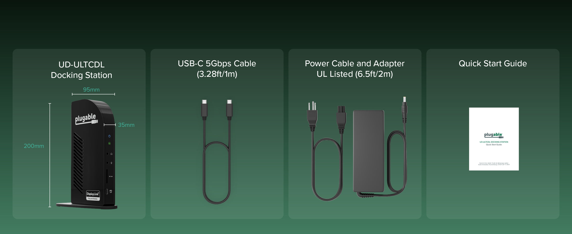 DisplayLink docking station with USB-C cable, power adapter, and Quick Start Guide