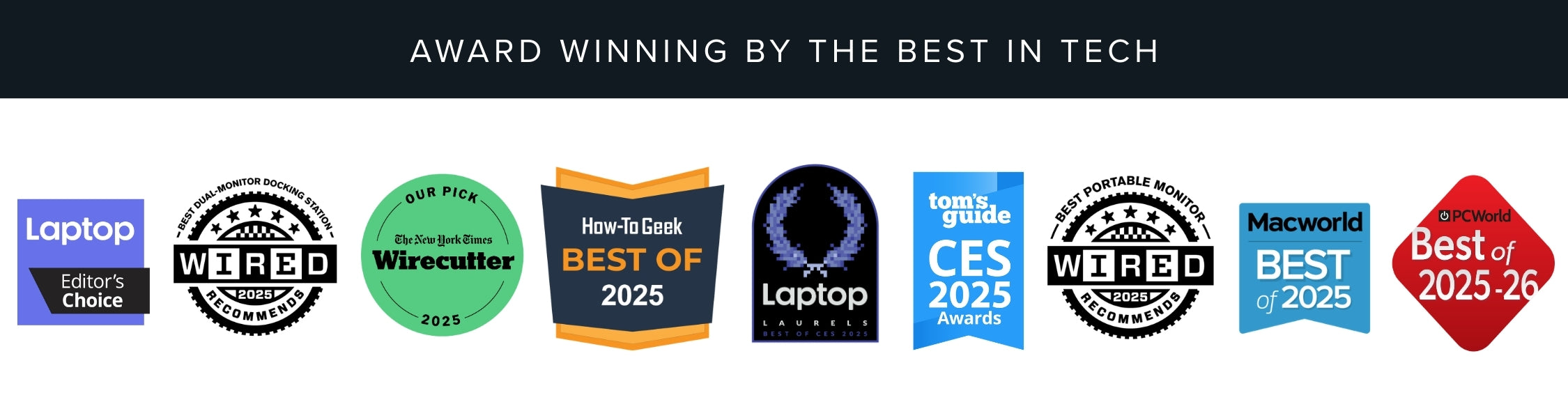 Collection of award badges from various tech publications, including The Wirecutter, Wired, Tom's Guide, and Macworld