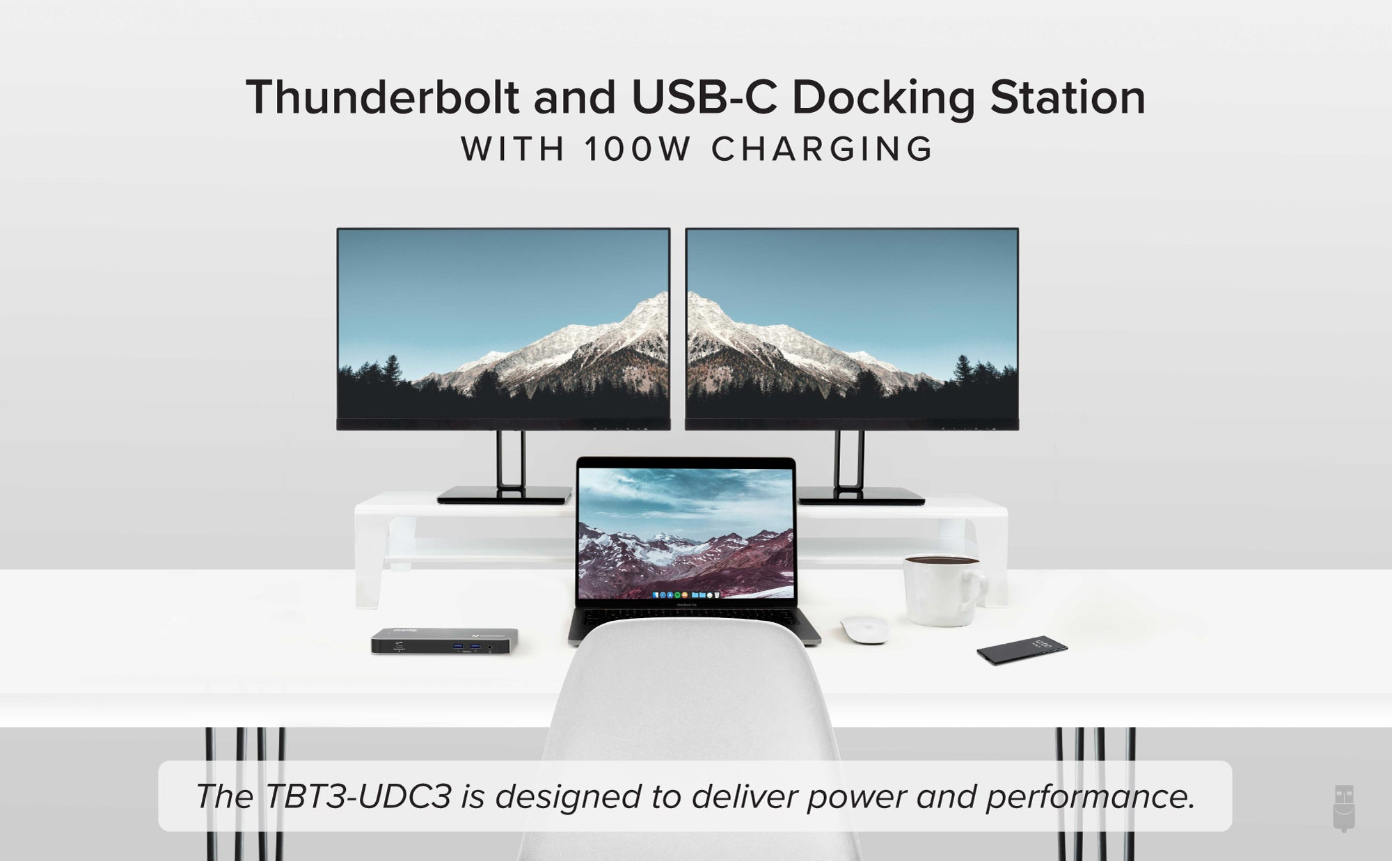 Image of the TBT3-UDC3 being used to connect 2 displays to a laptop