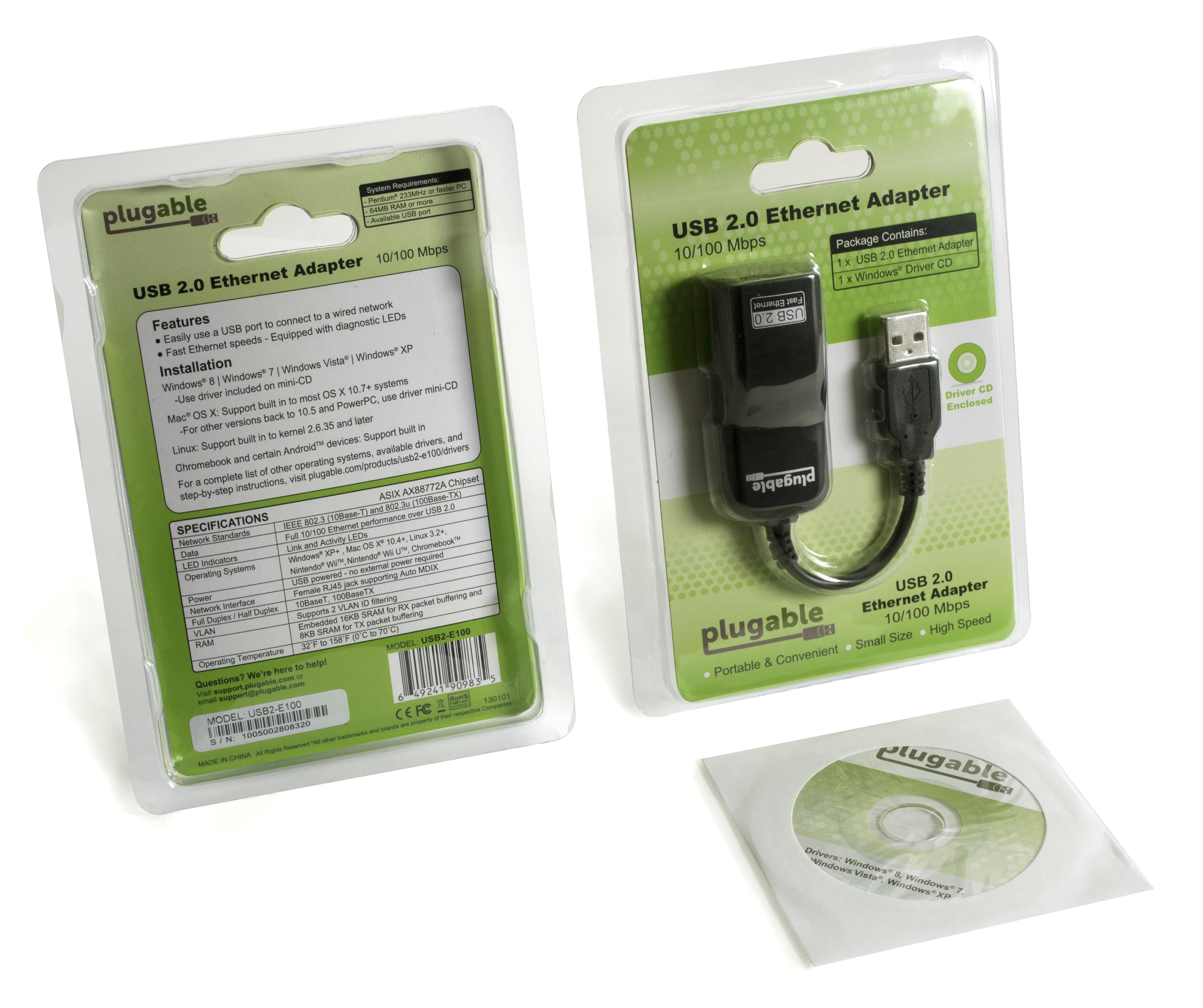 Image showing the front and back of the USB2-E100 package. The adapter can be seen, as well as the included driver CD and other important information is listed.