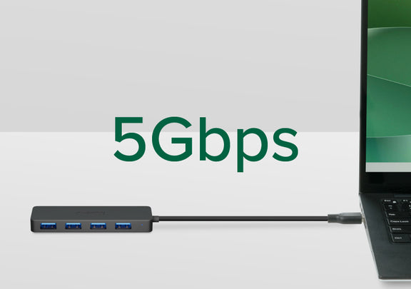 The USB3-HUB4A connected to laptop for transfer speeds up to 5 Gbps.