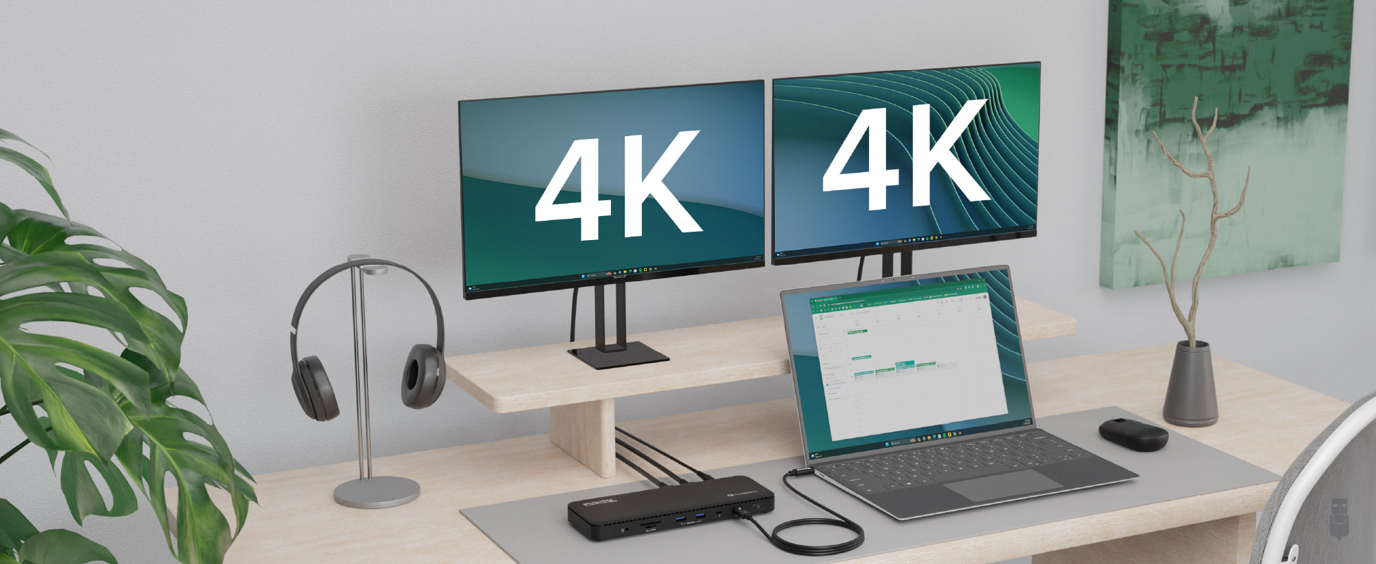 An image of the Plugable TBT4-UD5 being connected to 2 4K displays