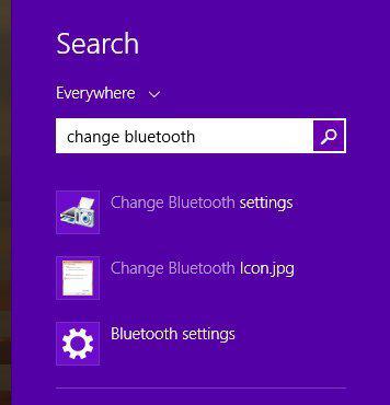Searching the Windows 8.x Start menu for Bluetooth settings