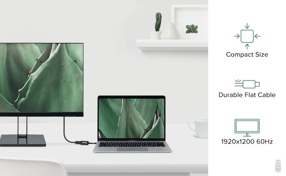 Image highlighting the Plugable display adapter's compact size, durability, and graphics capabilities