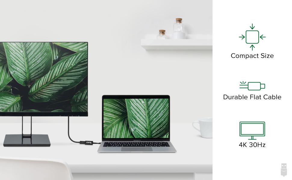 Image highlighting the Plugable display adapter's compact size, durability, and graphics capabilities