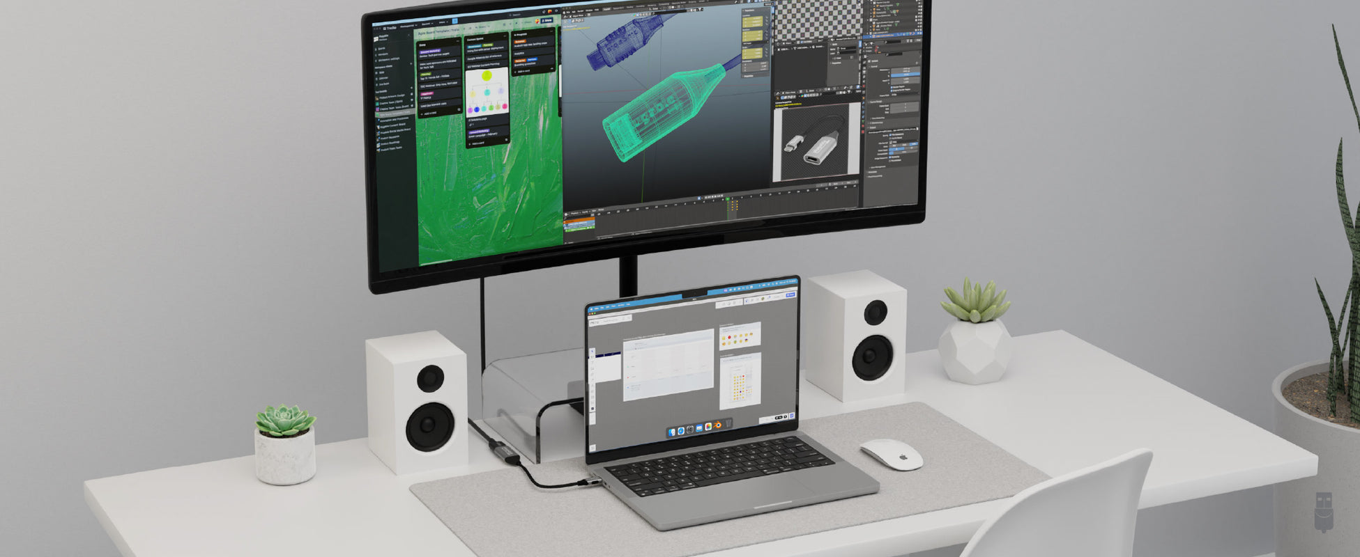 Plugable USBC-HDMI8K Video Adapter connected to a laptop and an ultrawide monitor showing productivity tasks.