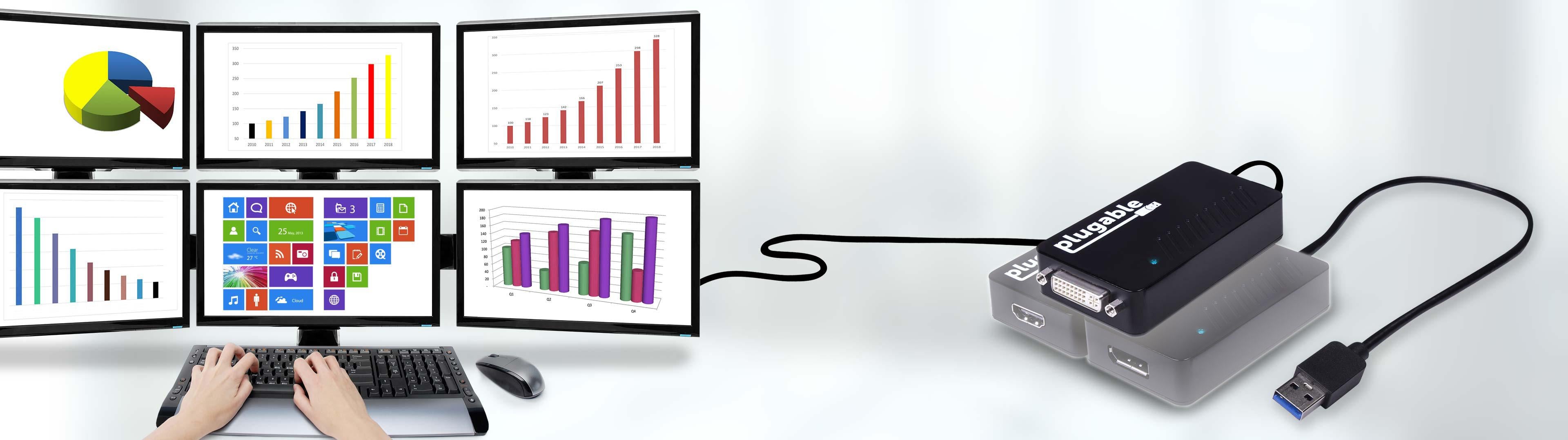 Image of Plugable's UGA-3000 used to connect a monitor in a multi-display setup