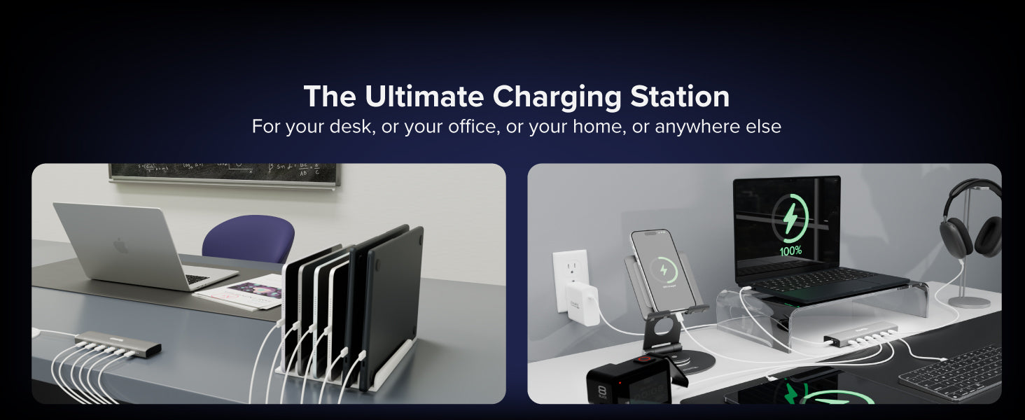 Usb charging hub used at home and office to power laptops, phones, and tablets side by side.