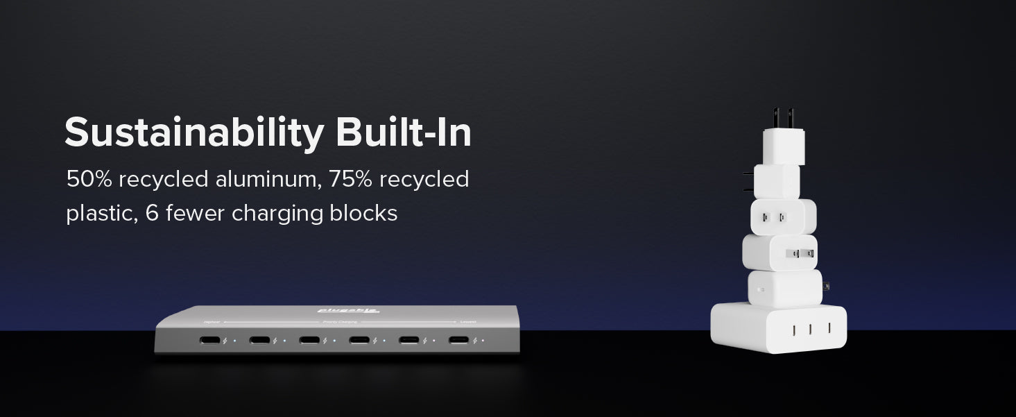Charging dock made from recycled materials replaces six bulky power adapters for cleaner setups.