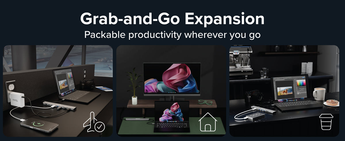 USBC hub with laptop in travel, home, and cafe setups, text "Grab-and-Go Expansion"