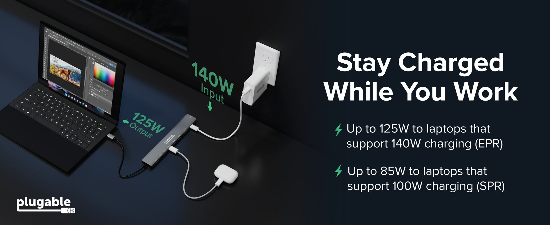 Plugable USB hub charging laptop, text "Stay Charged While You Work" and "125W Output"