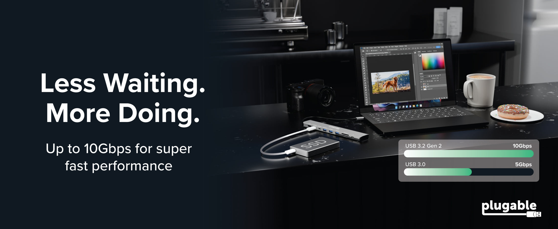 USB C hub for Mac with SSD and laptop, text "Less Waiting. More Doing." and "10Gbps"