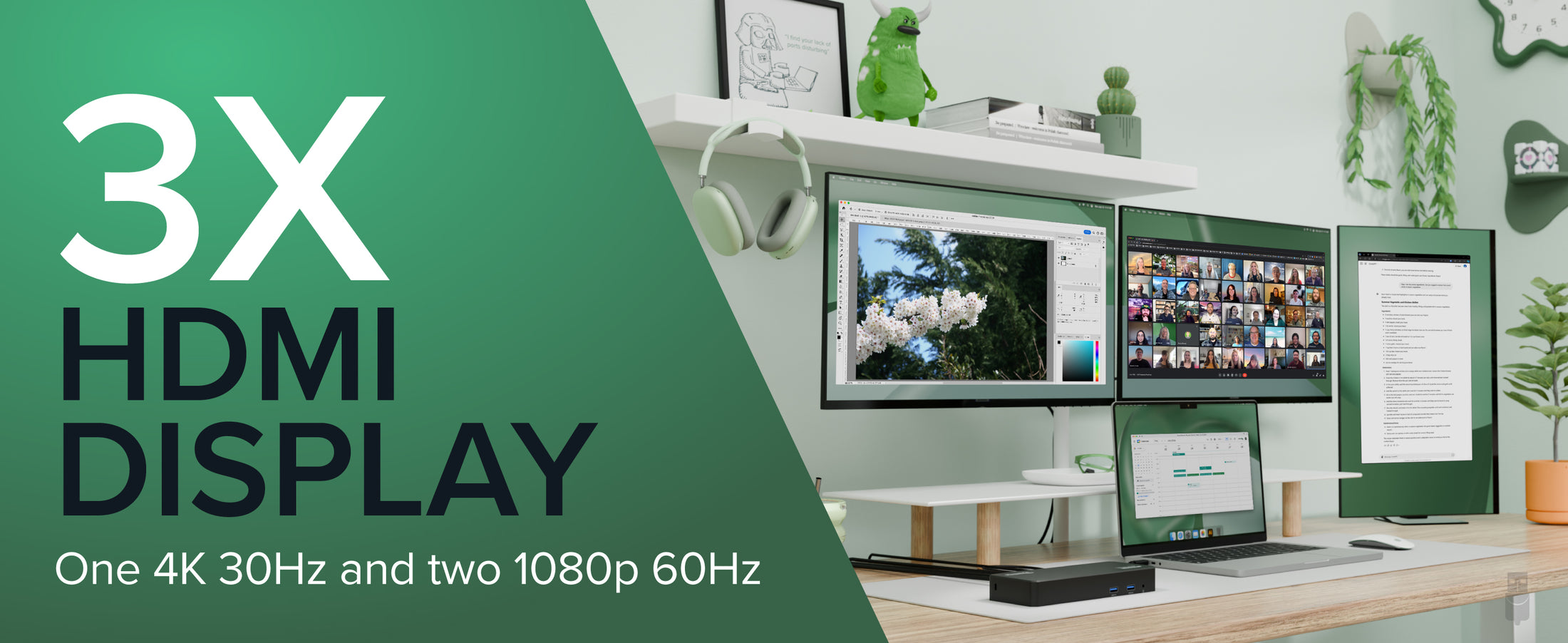 DisplayLink docking station supports three monitors, ideal for multitasking in a hybrid work setup