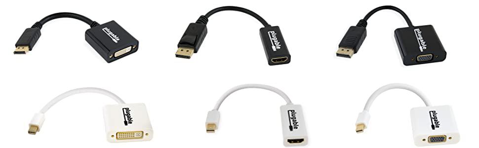 Image of all six Passive DisplayPort adaptors Plugable offers.