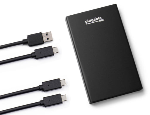 Main product image for the USBC-SATA-E 2.5 inch SSD and HDD enclosure featuring USB 3.0 Type-A and USB-C cables