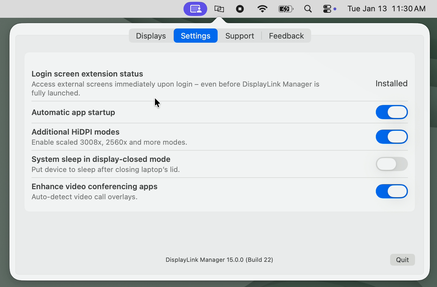 displaylink manager settings tab