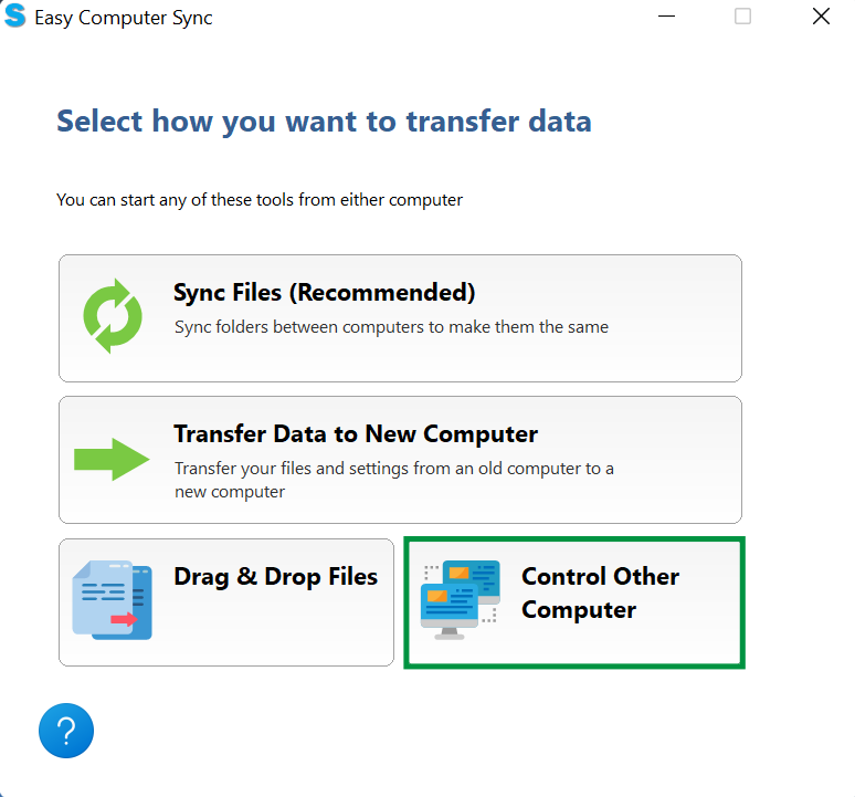 Image of Easy Computer Sync software mode selection. The button for the Control Other Computer mode is highlighted with a box