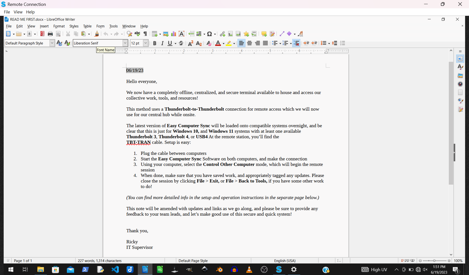 An image of the Control Other Computer mode in Easy Computer Sync software. A file is open using a word processing program