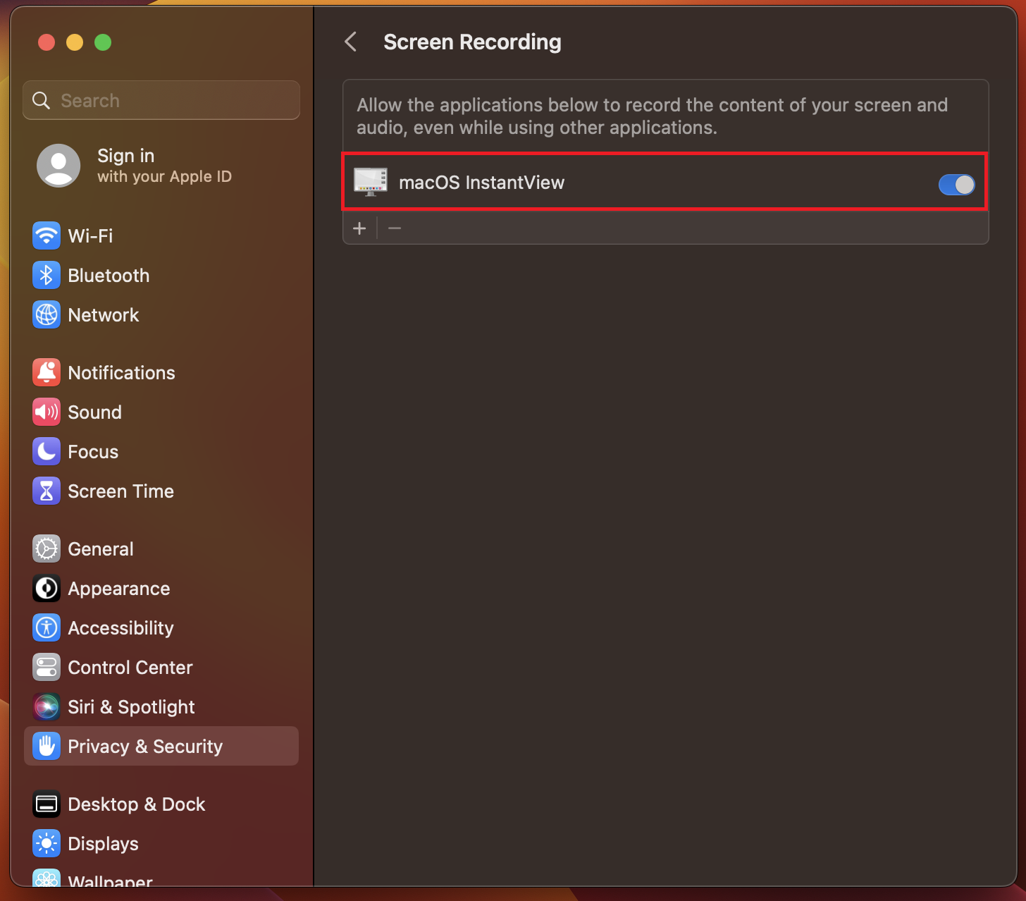 Enable screen recording for the macOS InstantView App