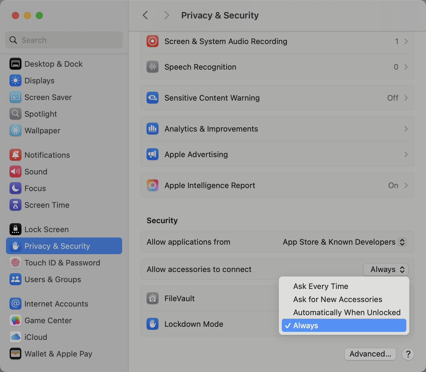 settings privacy and security