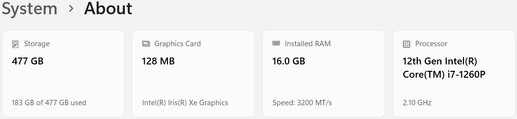 Windows 11 Settings System About page showing the processor and graphics