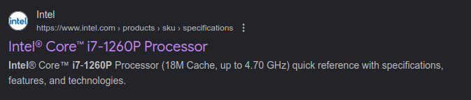 Intel processor search results example
