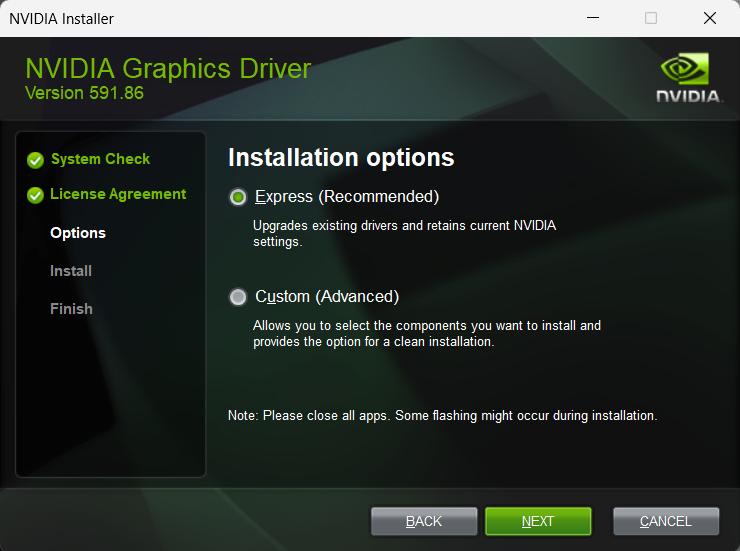NVIDIA graphics driver installation options
