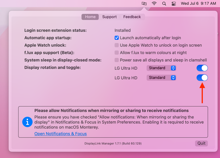 DisplayLink Manager display toggle