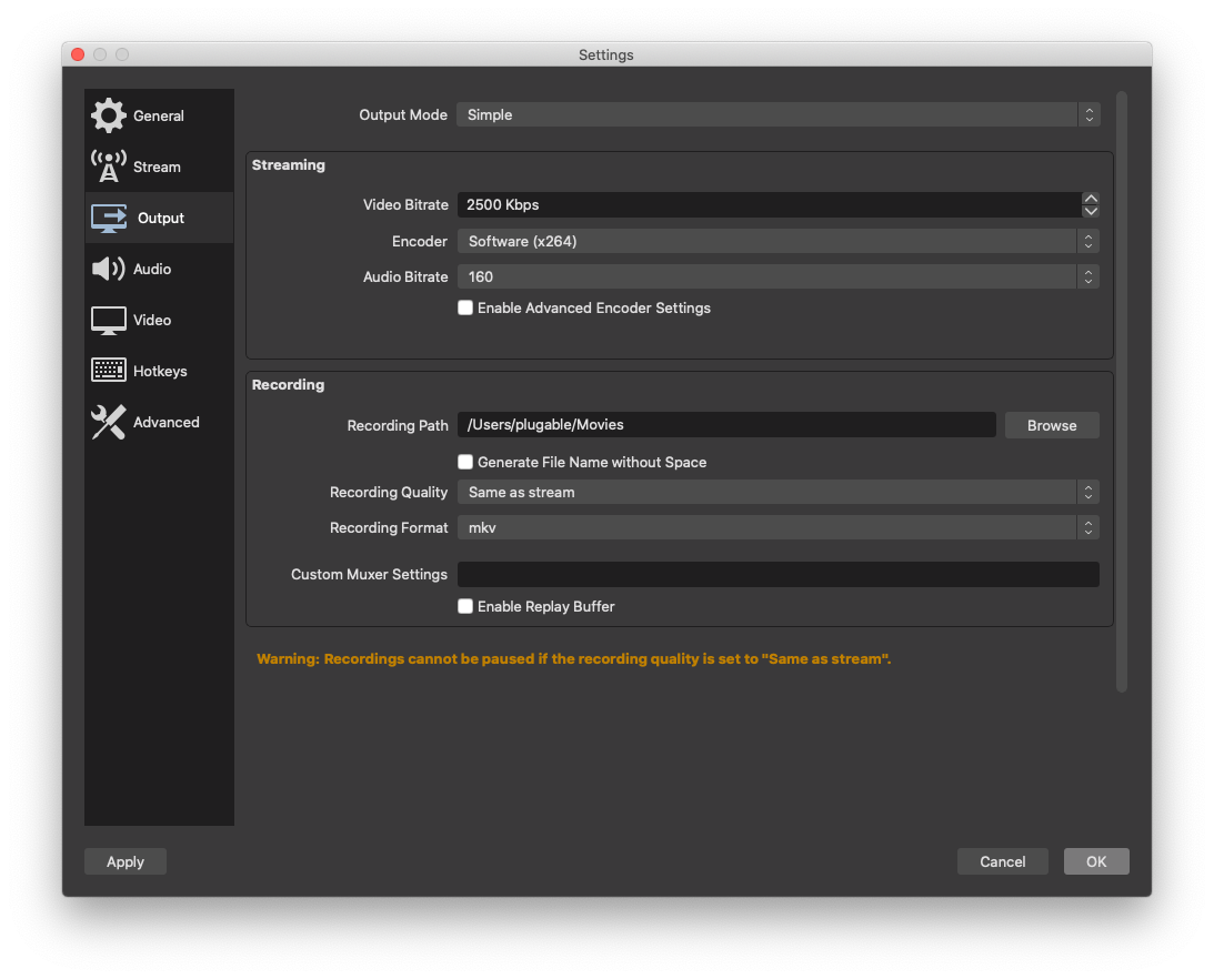 OBS output settings
