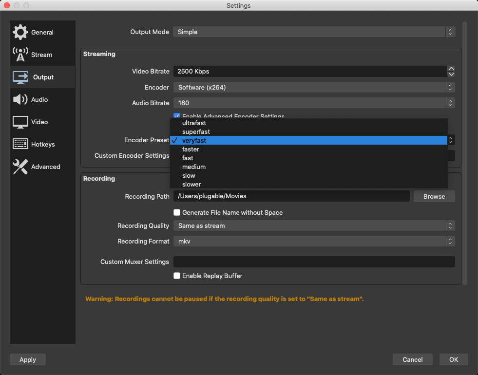 OBS encoder settings