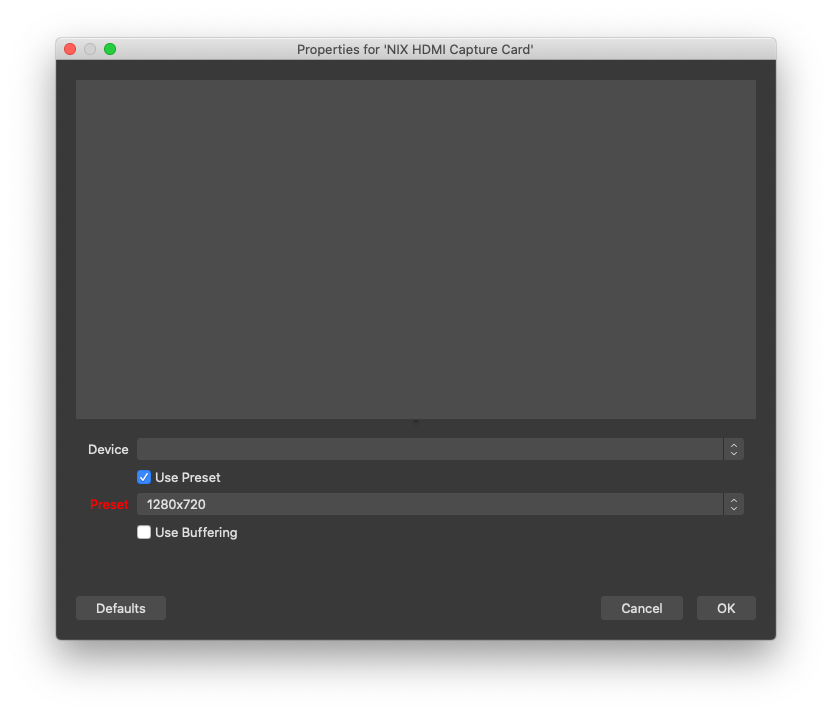 Video capture device properties in OBS