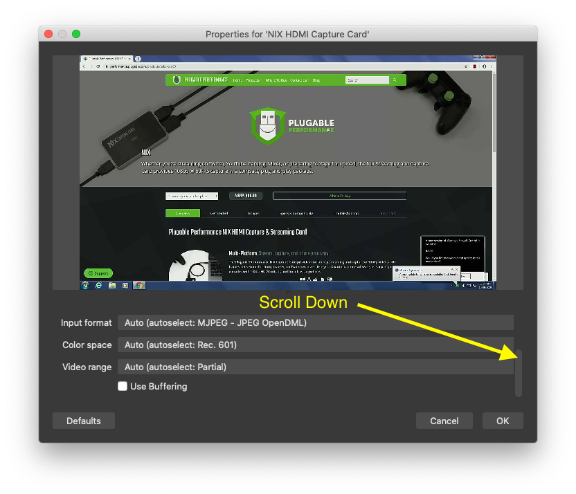 OBS scrolling through video capture device properties