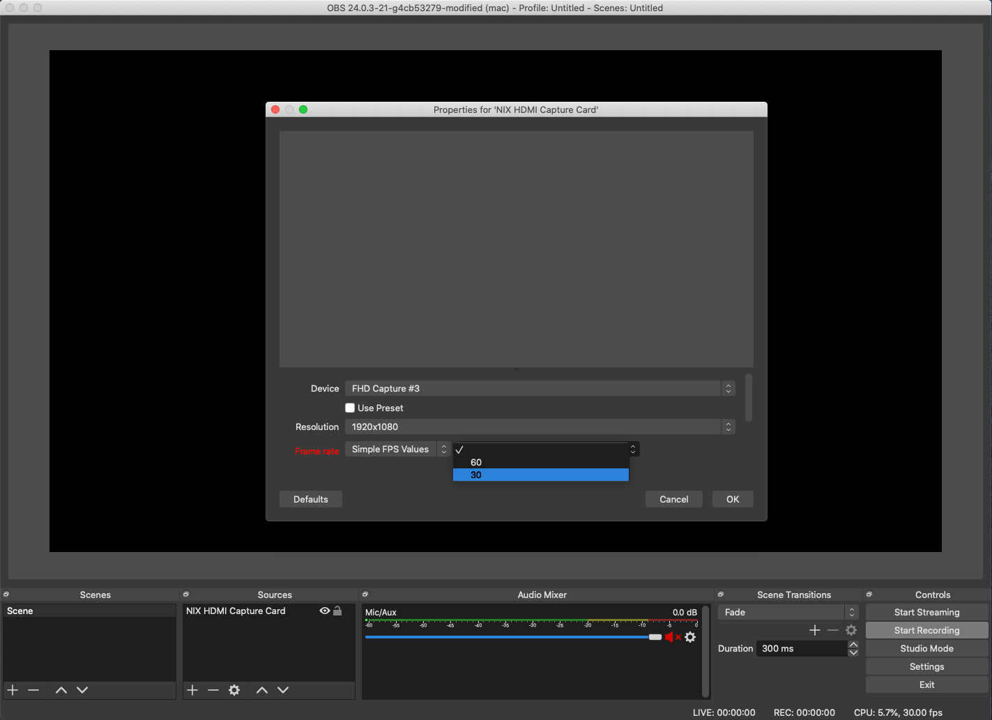 OBS set frame rate on video capture device
