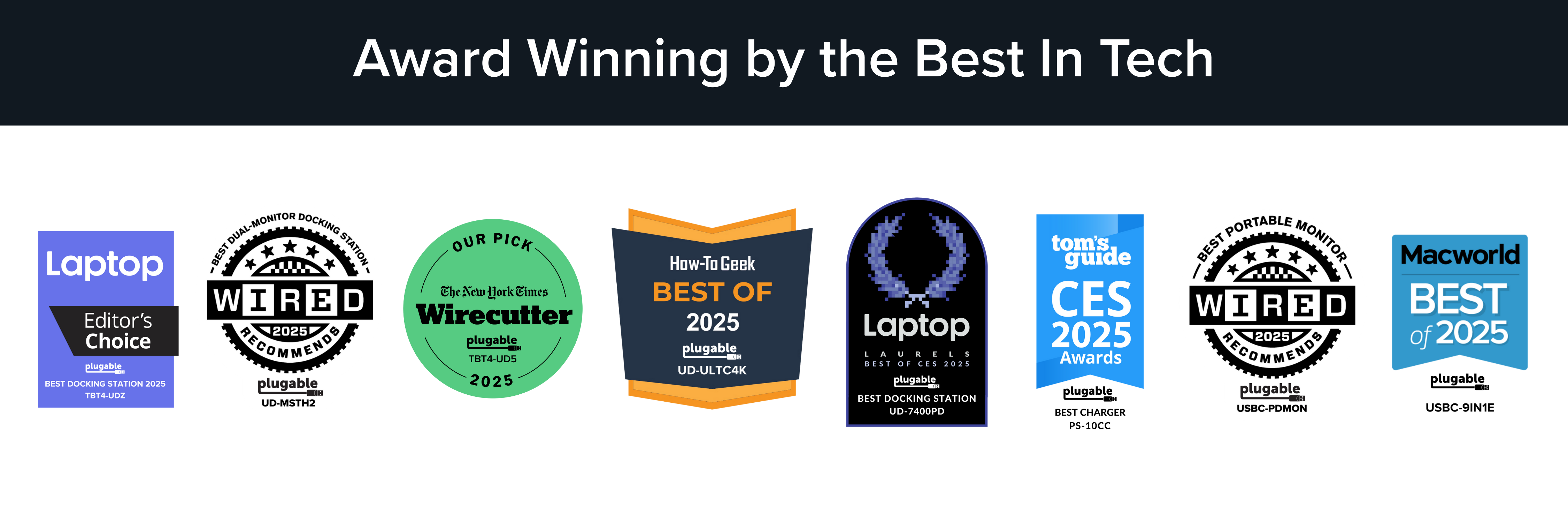 Collection of award badges from various tech publications, including The Wirecutter, Tom's Guide, Wired, Laptop Mag, and Macworld