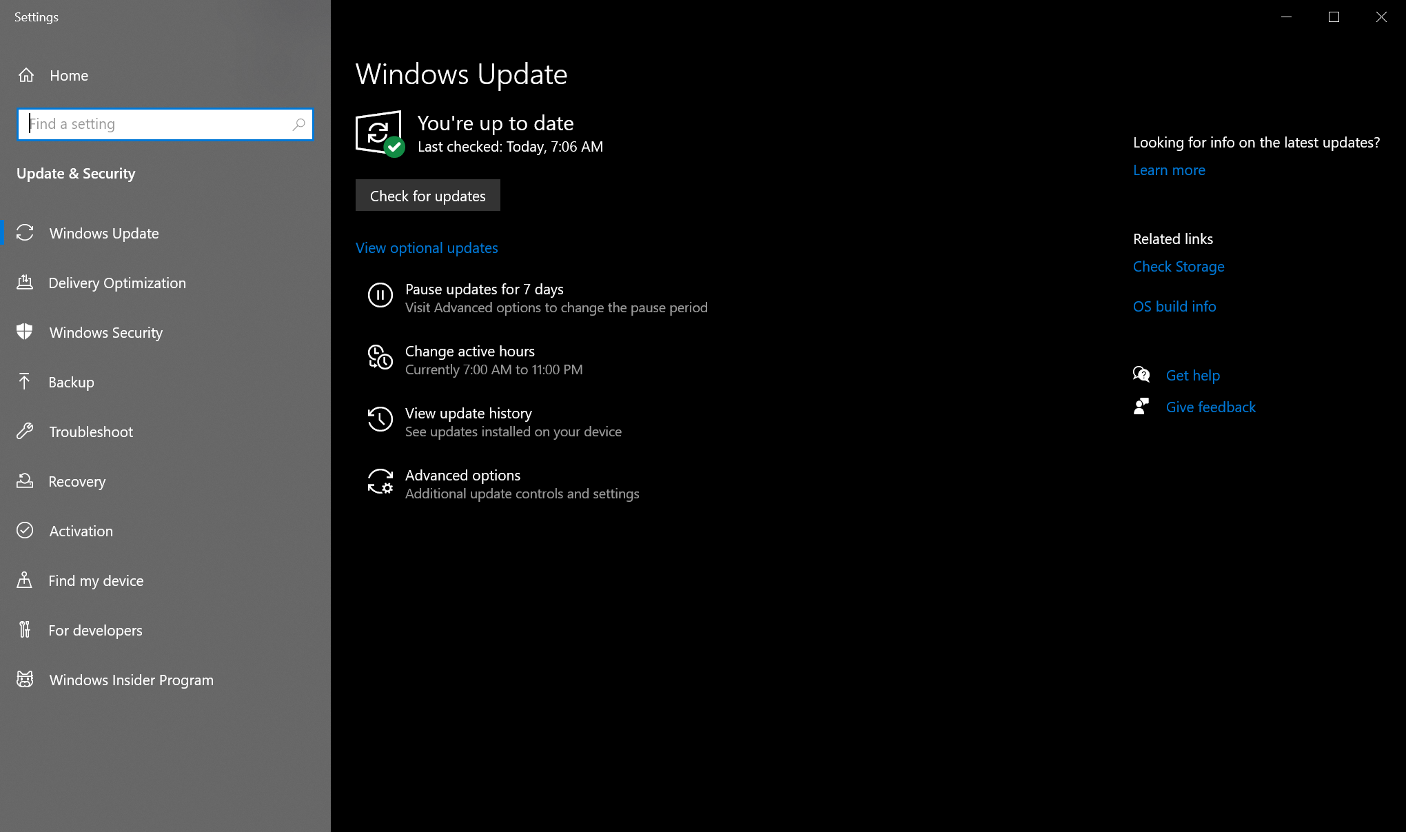 Check for updates in Windows 10